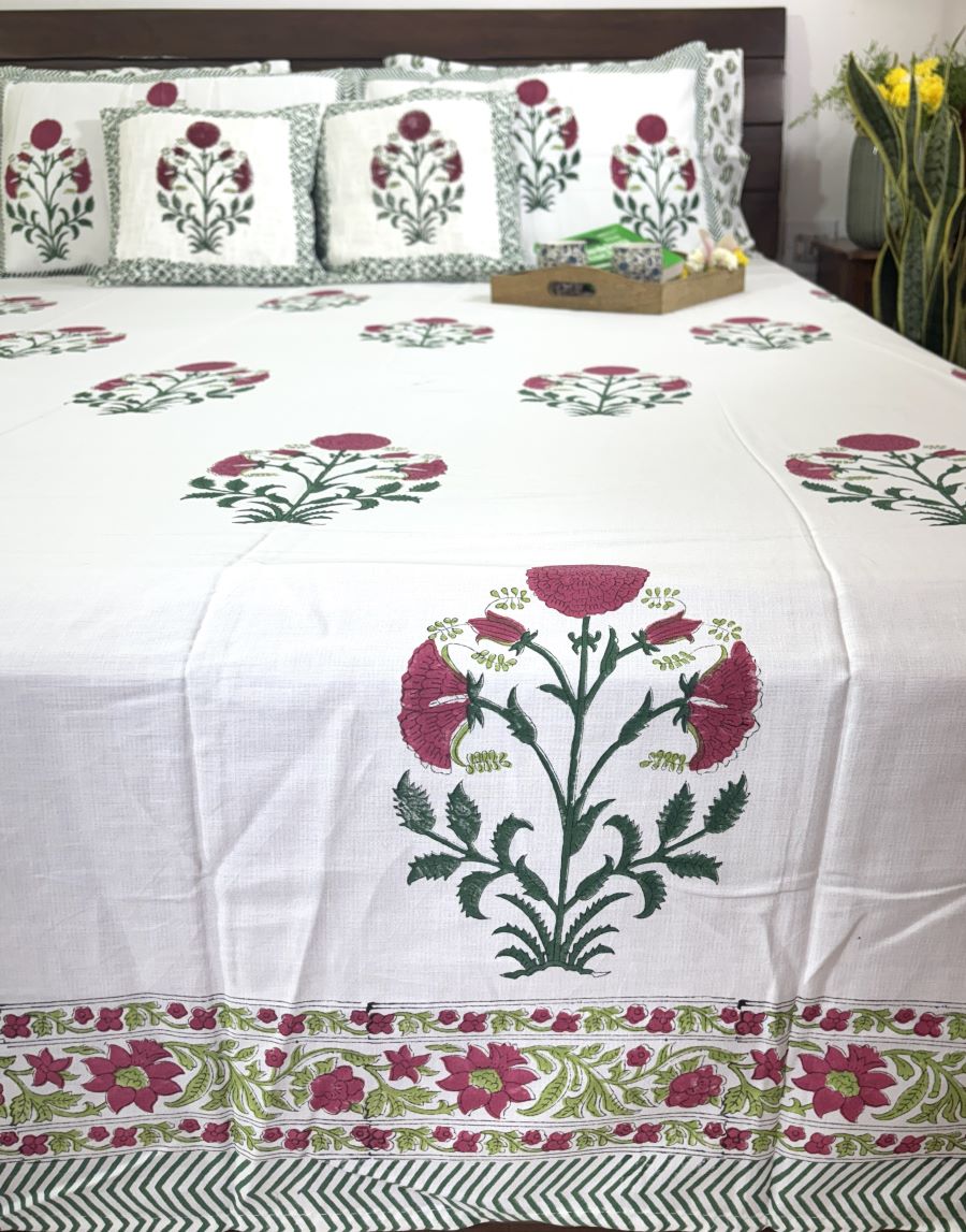 Red & Green Sunflower Patterns Hand Block Bedsheet with 2 Pillow Cover Set - 400TC