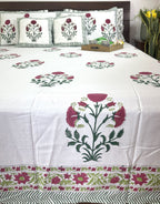 Red & Green Sunflower Patterns Hand Block Bedsheet with 2 Pillow Cover Set - 400TC