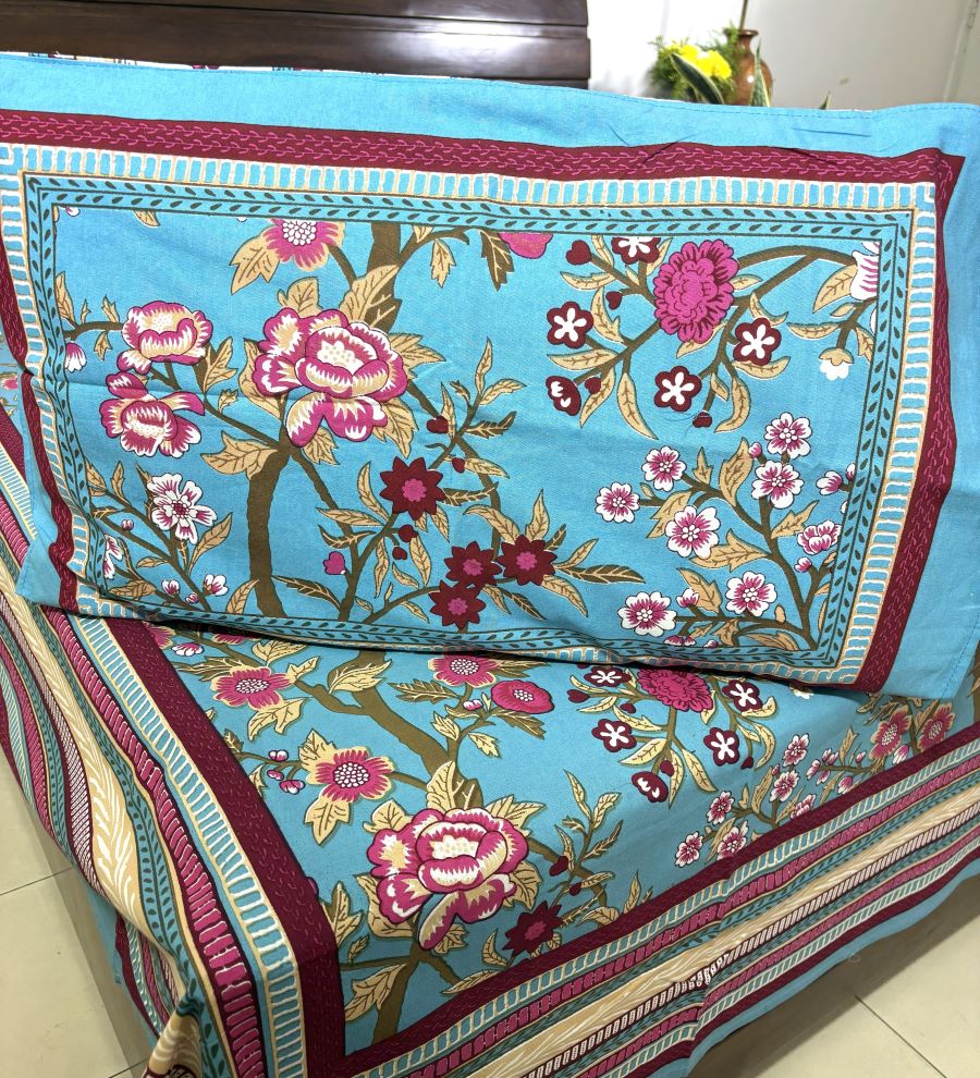 Morning at the Mughal Gardens Hand Block Bedsheet with 2 Pillow Cover Set - 220TC