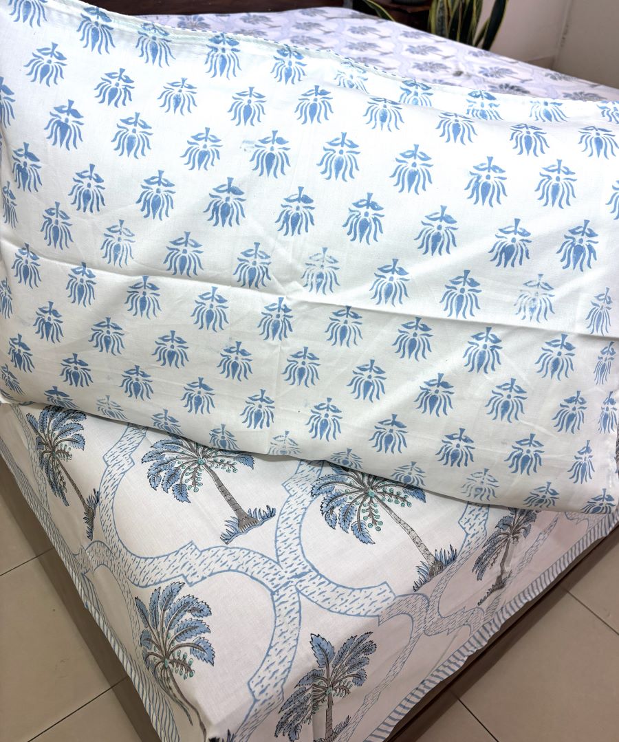 Light Blue Palm Tree Patterns Hand Block Bedsheet with 2 Pillow Cover Set - 400TC