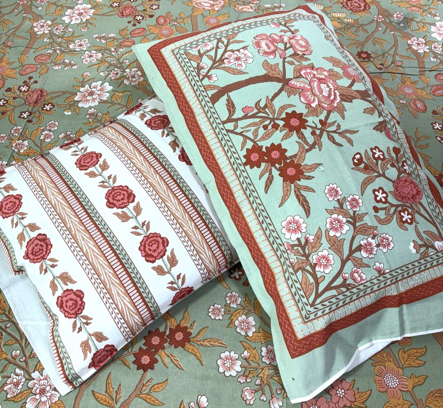 Morning at the Mughal Gardens Pestel Green Hand Block Bedsheet with 2 Pillow Cover Set - 220TC