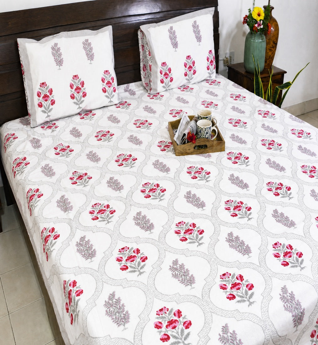 Pink Flower Hand Block Bedsheet with 2 Pillow Cover Set - 220TC