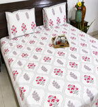 Pink Flower Hand Block Bedsheet with 2 Pillow Cover Set - 220TC
