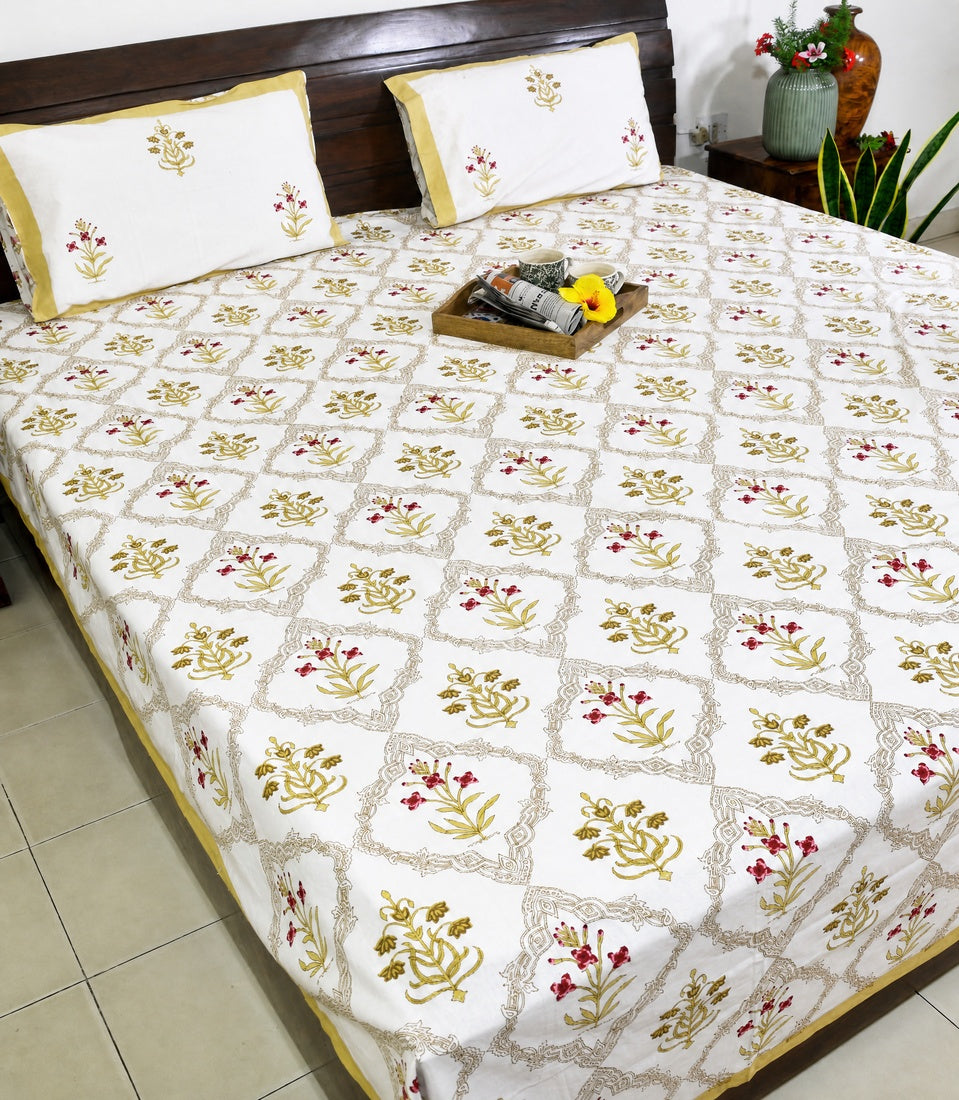 Red & Yellow Lilly Mughal Jaal Hand Block Bedsheet with 2 Pillow Cover Set - 220TC