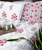 Pink Flower Hand Block Bedsheet with 2 Pillow Cover Set - 220TC