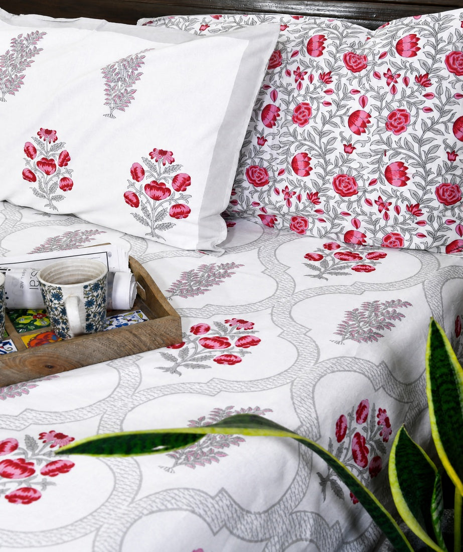 Pink Flower Hand Block Bedsheet with 2 Pillow Cover Set - 220TC