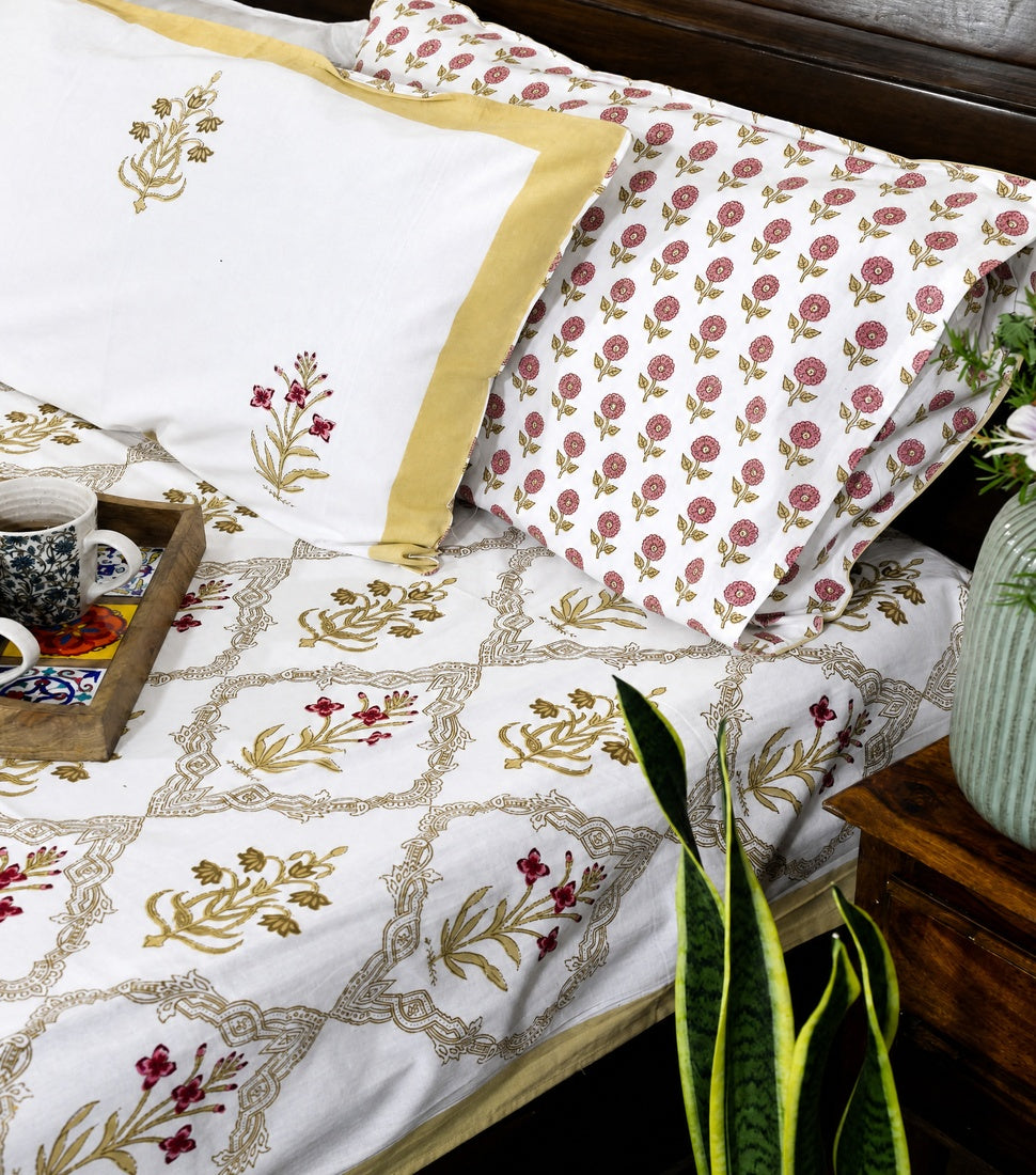 Red & Yellow Lilly Mughal Jaal Hand Block Bedsheet with 2 Pillow Cover Set - 220TC