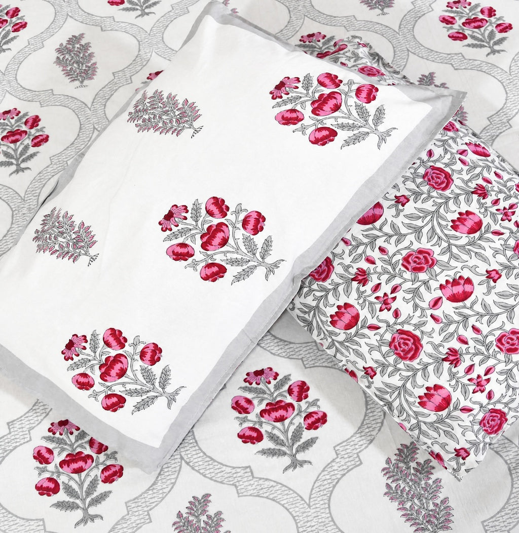 Pink Flower Hand Block Bedsheet with 2 Pillow Cover Set - 220TC