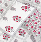Pink Flower Hand Block Bedsheet with 2 Pillow Cover Set - 220TC