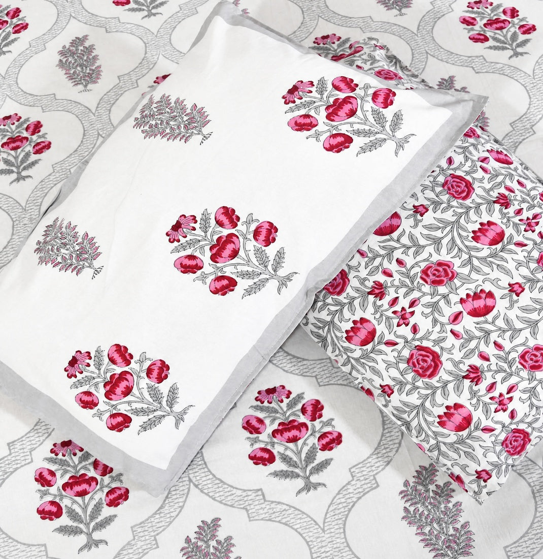Pink Flower Hand Block Bedsheet with 2 Pillow Cover Set - 220TC