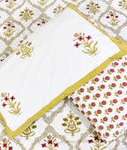 Red & Yellow Lilly Mughal Jaal Hand Block Bedsheet with 2 Pillow Cover Set - 220TC