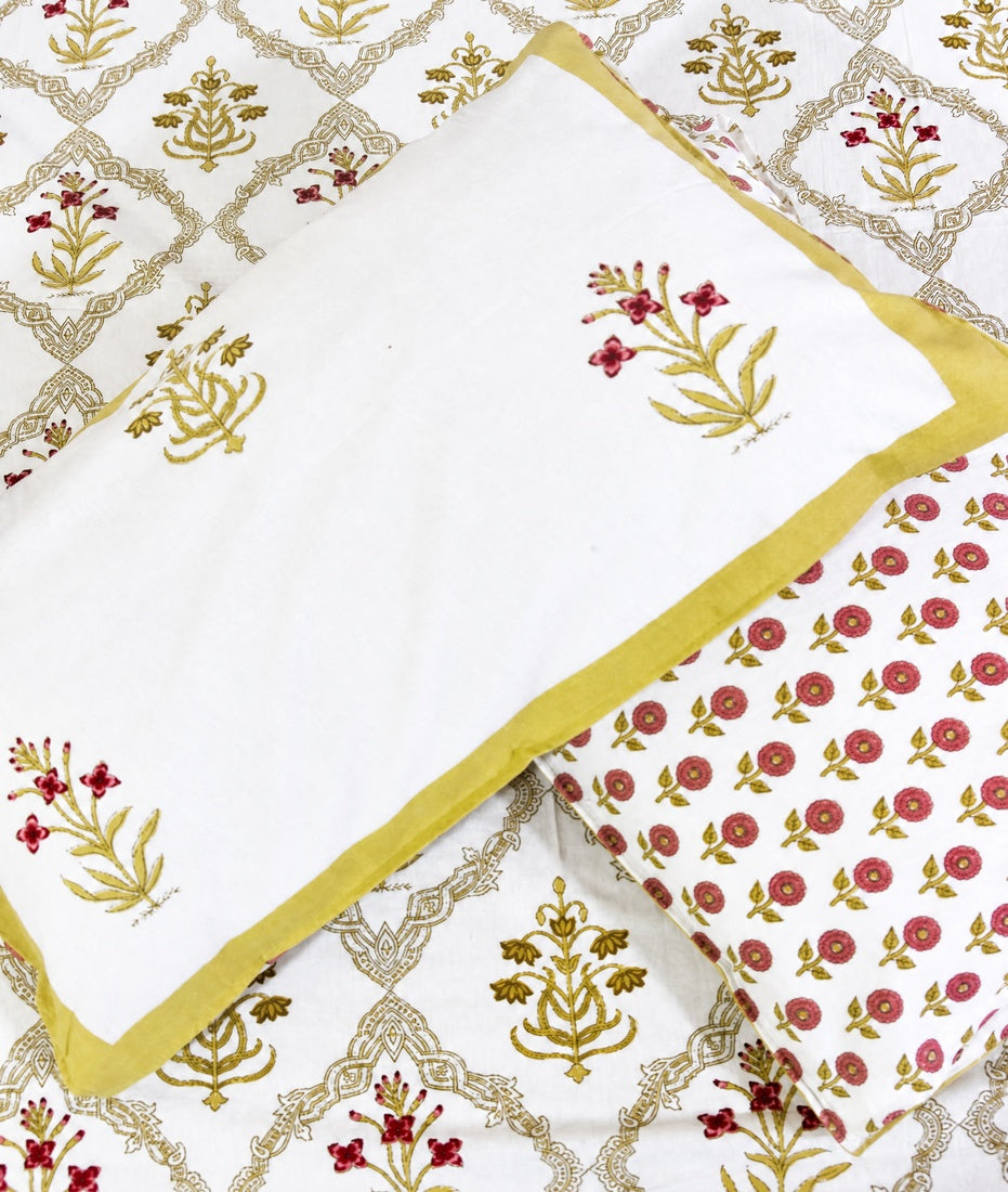 Red & Yellow Lilly Mughal Jaal Hand Block Bedsheet with 2 Pillow Cover Set - 220TC