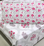 Pink Flower Hand Block Bedsheet with 2 Pillow Cover Set - 220TC