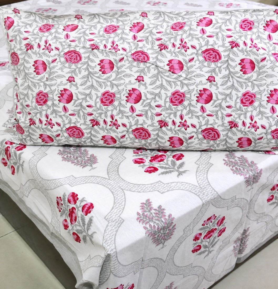Pink Flower Hand Block Bedsheet with 2 Pillow Cover Set - 220TC