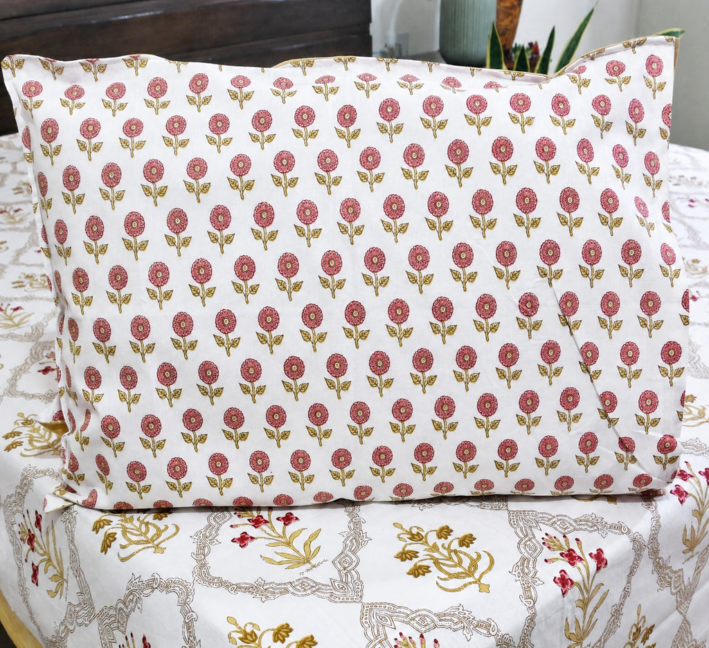 Red & Yellow Lilly Mughal Jaal Hand Block Bedsheet with 2 Pillow Cover Set - 220TC