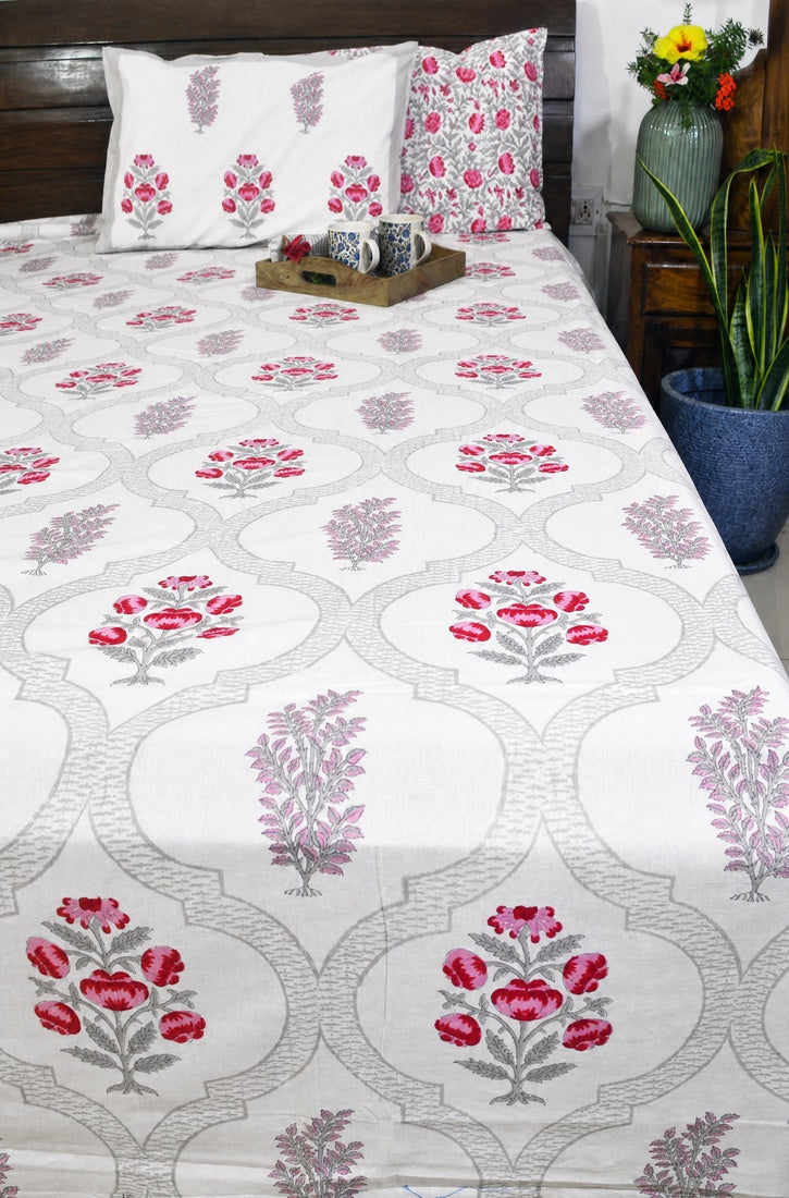 Pink Flower Hand Block Bedsheet with 2 Pillow Cover Set - 220TC