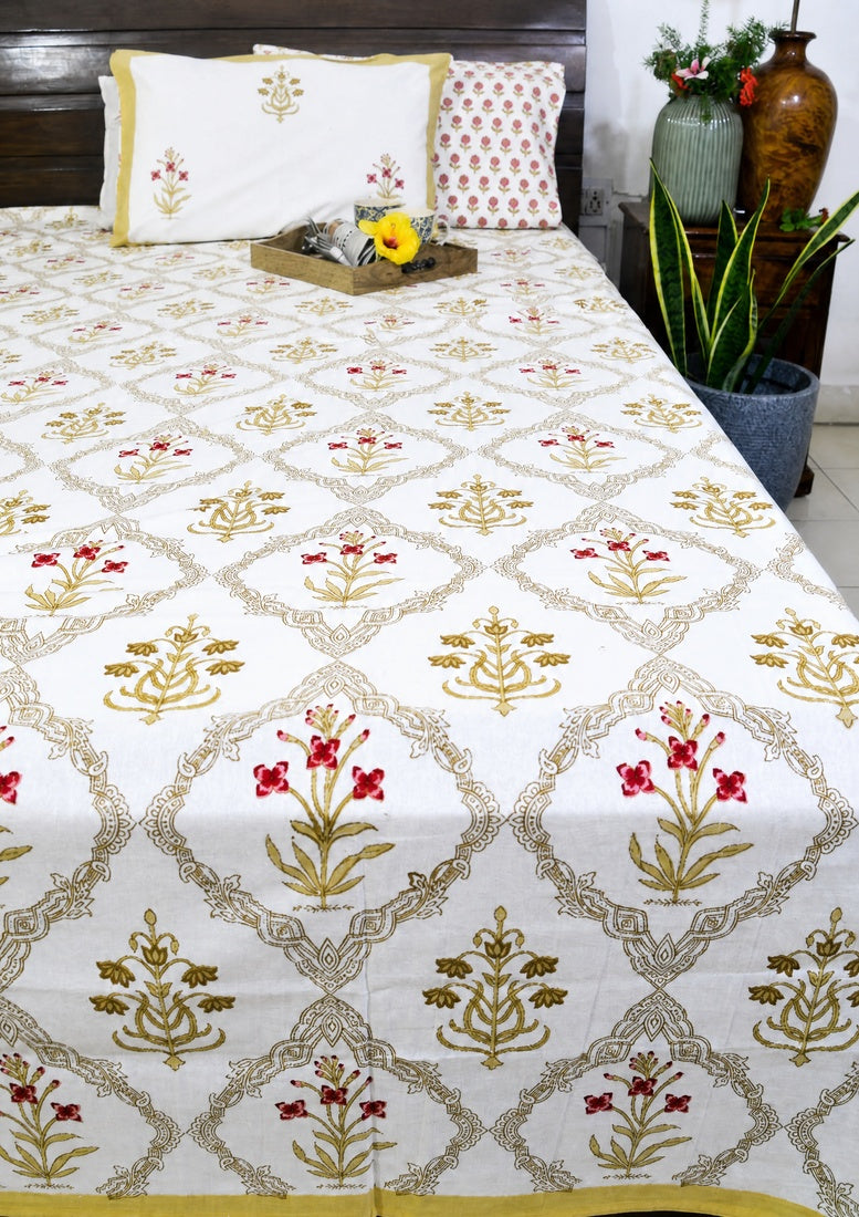 Red & Yellow Lilly Mughal Jaal Hand Block Bedsheet with 2 Pillow Cover Set - 220TC