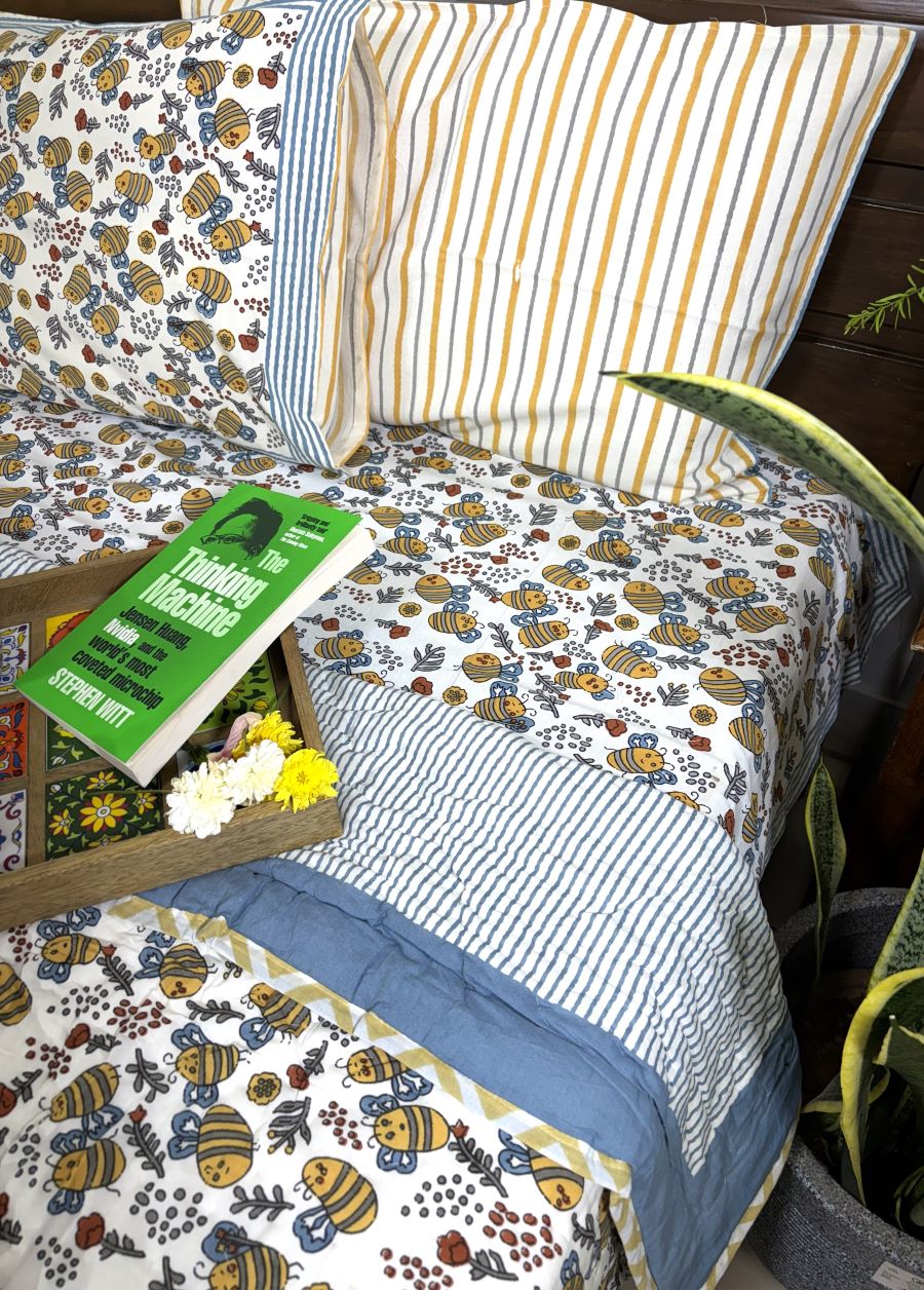 Yellow Bee Hand Block Bedsheet with 1 Pillow Cover- 220TC