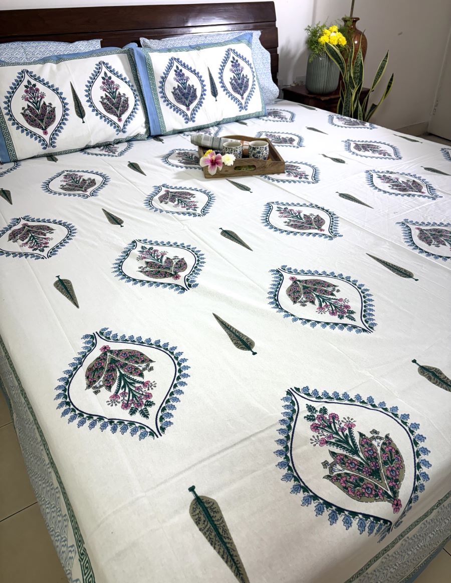 Blue Lily of Valleys Hand Block Bedsheet with 2 Pillow Cover Set - 220TC