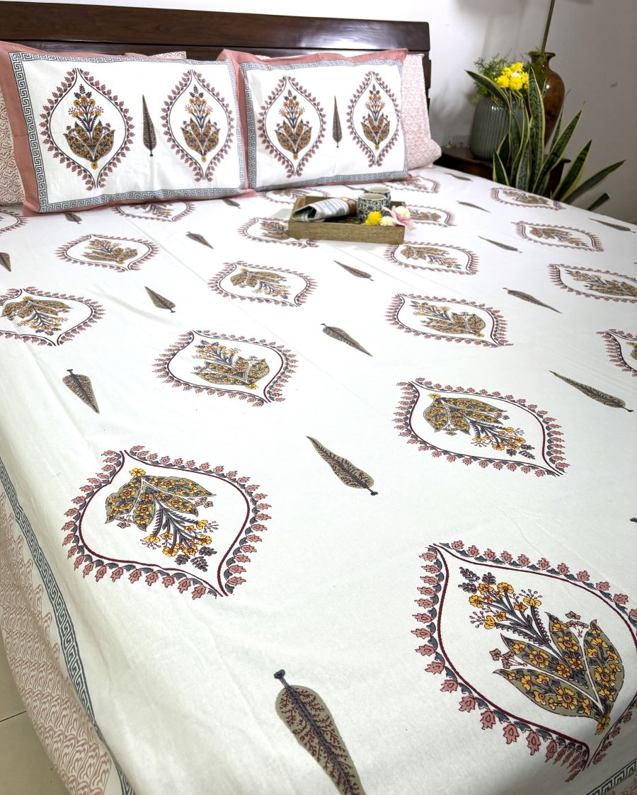 Mustard Lily of Valleys Hand Block Bedsheet with 2 Pillow Cover Set - 220TC