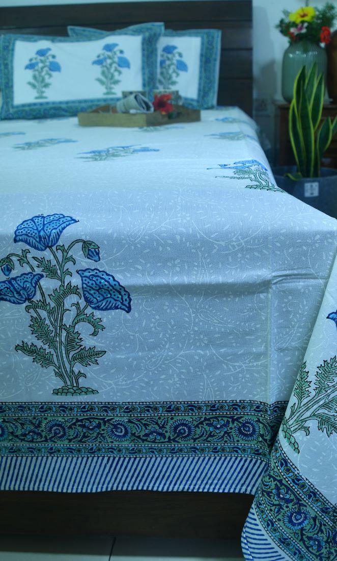 Light Blue Flower Hand Block Bedsheet with 2 Pillow Cover Set - 280TC