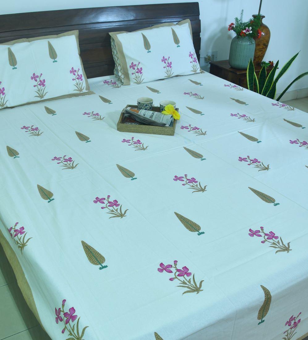 Pink Lilly Gulbahaar Hand Block Bedsheet with 2 Pillow Cover Set - 220TC