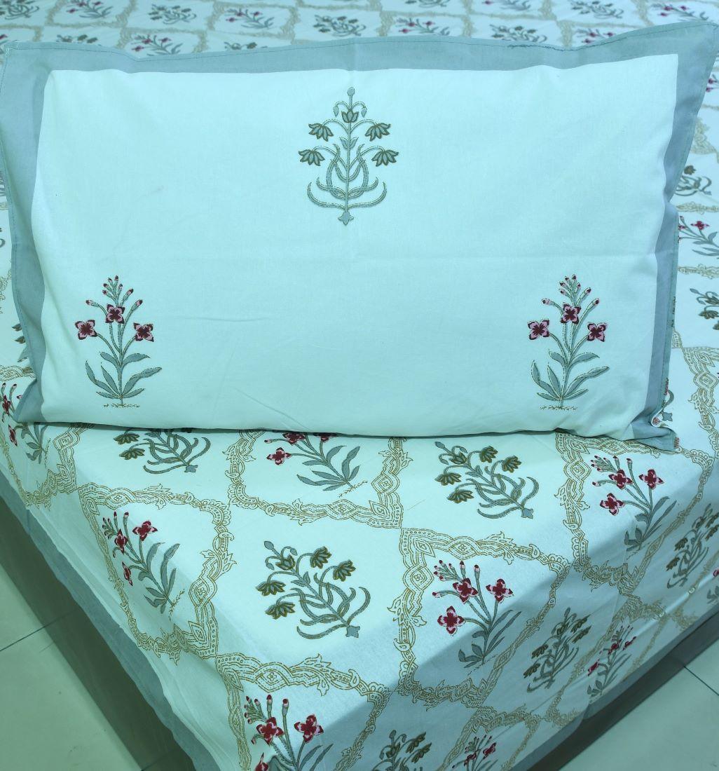 Red & Grey Lilly Mughal Jaal Hand Block Bedsheet with 2 Pillow Cover Set - 220TC