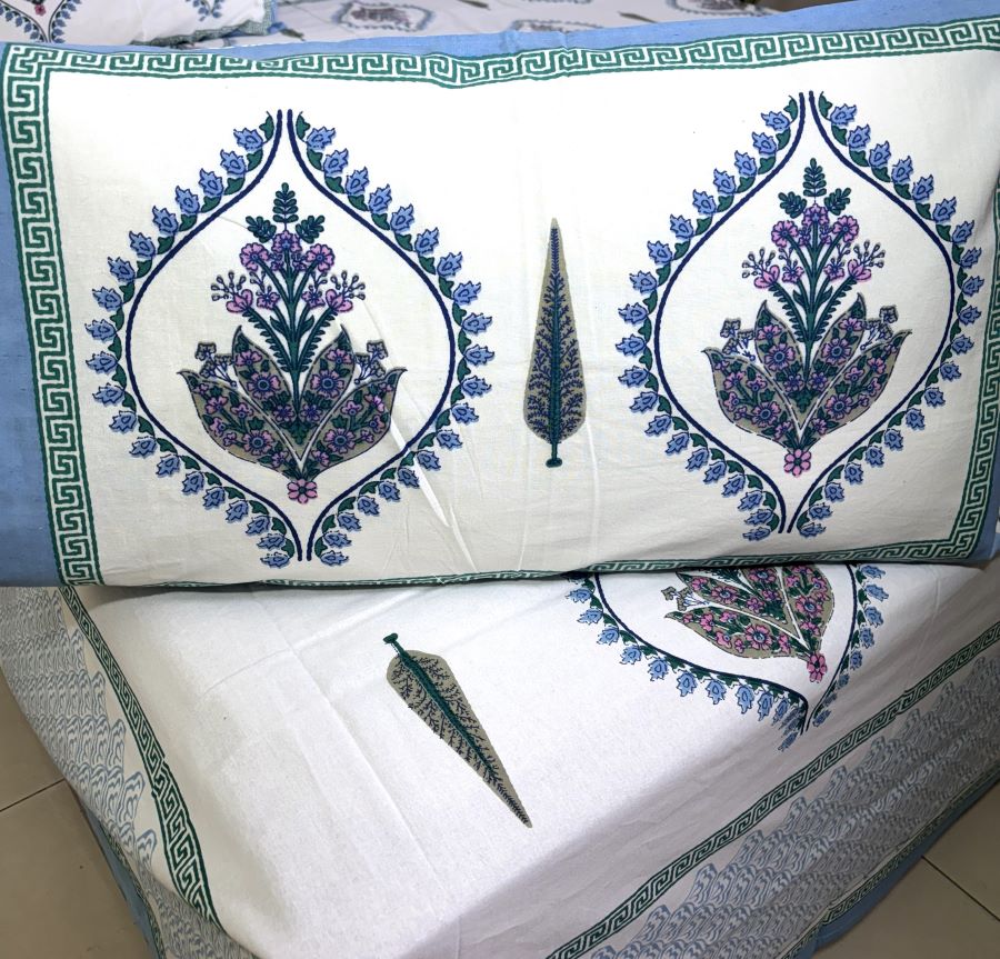 Blue Lily of Valleys Hand Block Bedsheet with 2 Pillow Cover Set - 220TC