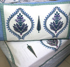 Blue Lily of Valleys Hand Block Bedsheet with 2 Pillow Cover Set - 220TC