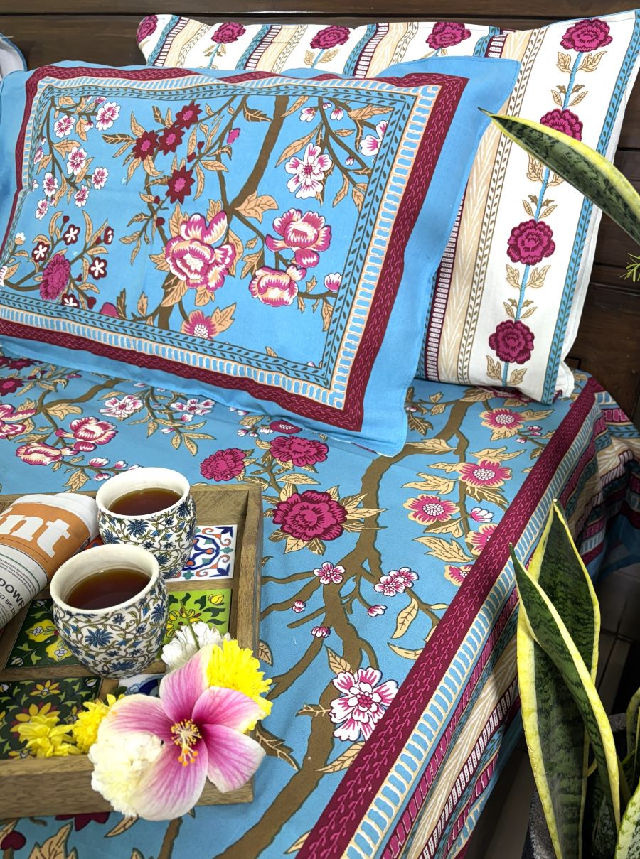 Morning at the Mughal Gardens Hand Block Bedsheet with 2 Pillow Cover Set - 220TC