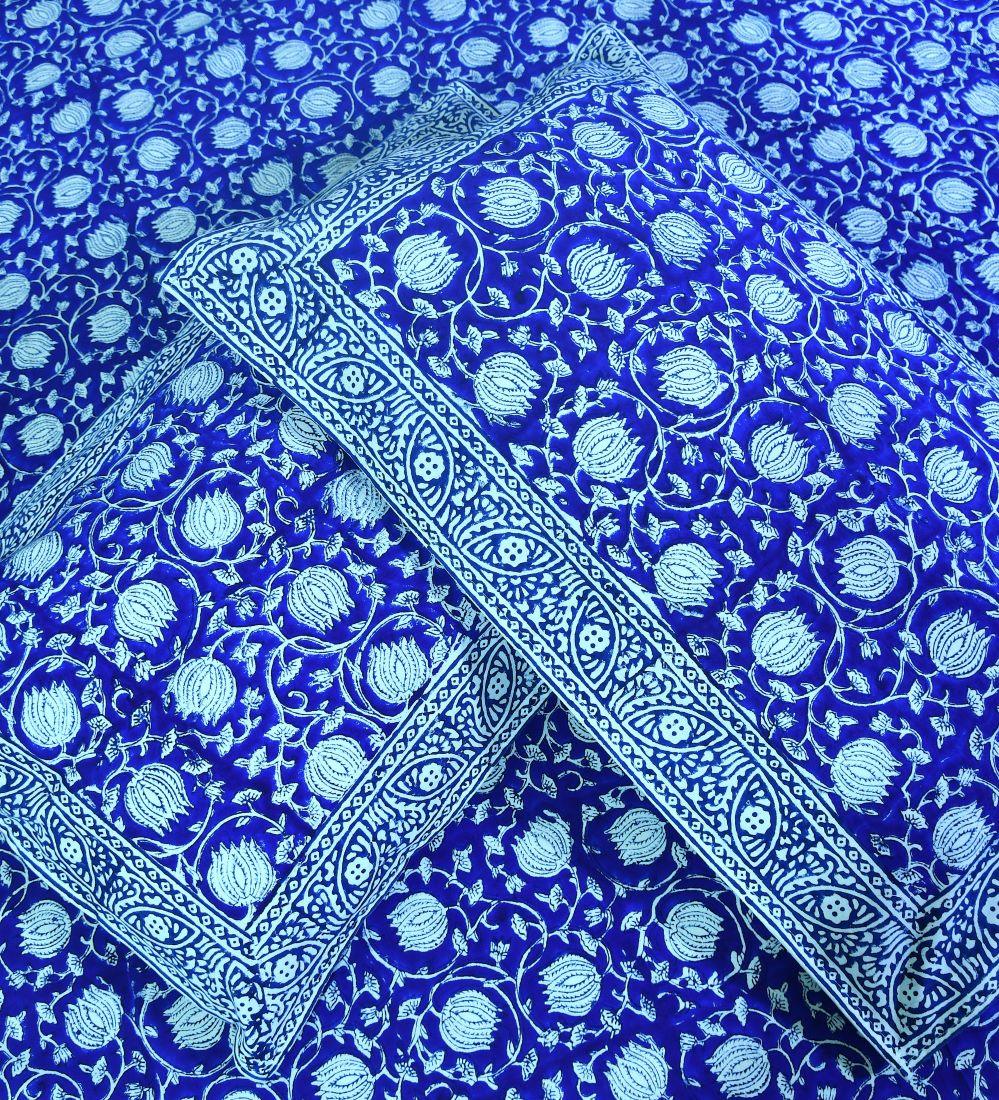 Blue Dark lotus Hand Block Bedsheet with 2 Pillow Cover Set - 280TC