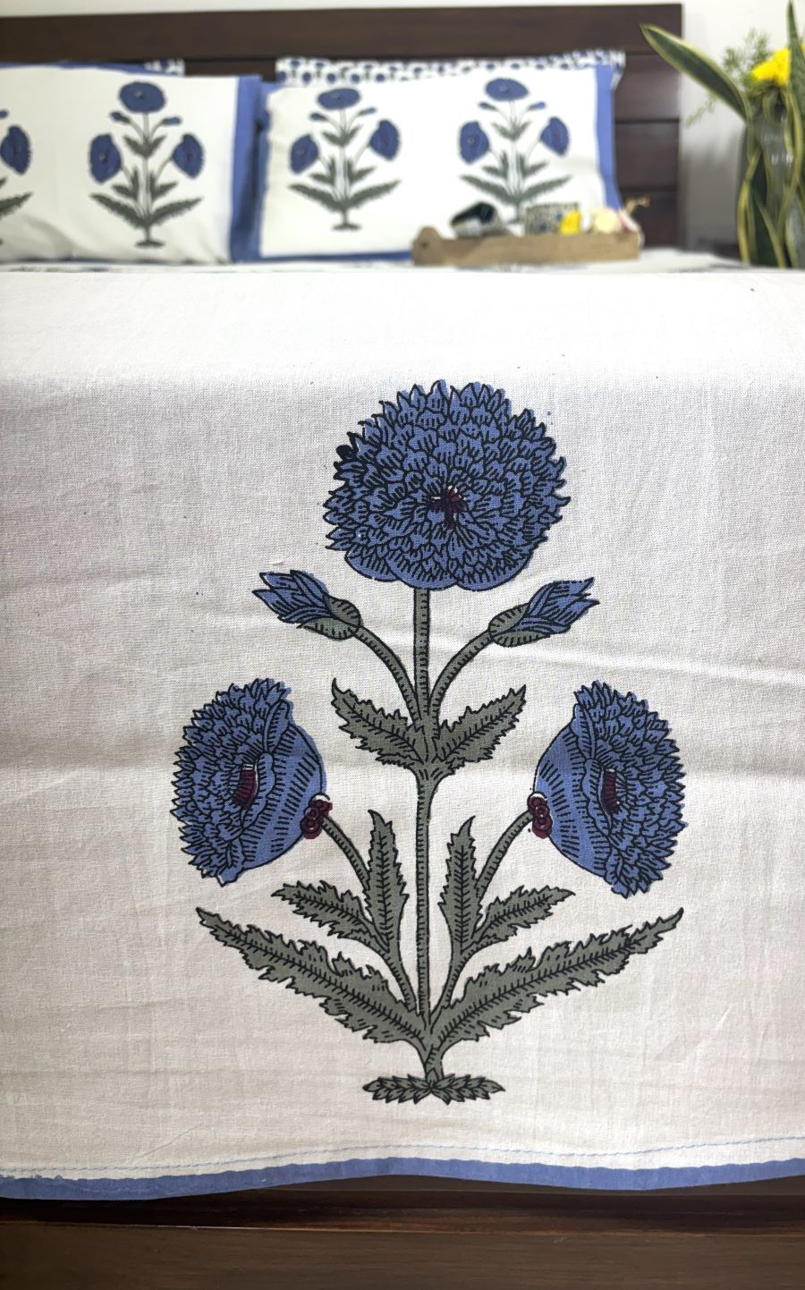 Blue Marigold Hand Block Bedsheet with 2 Pillow Cover Set - 220TC