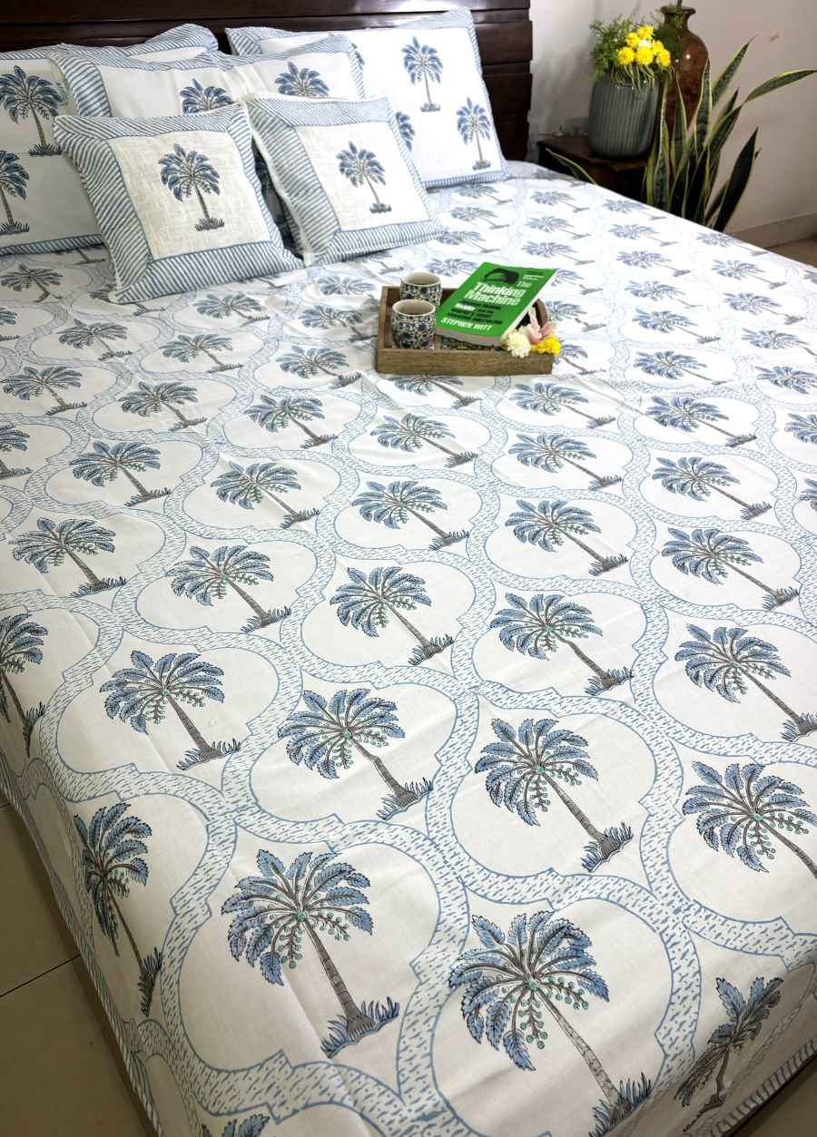 Light Blue Palm Tree Patterns Hand Block Bedsheet with 2 Pillow Cover Set - 400TC