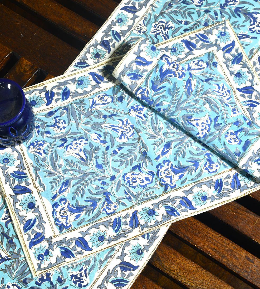 Mughal Mirage in Blues Hand Block Cotton Canvas Table Runner & Mat Set