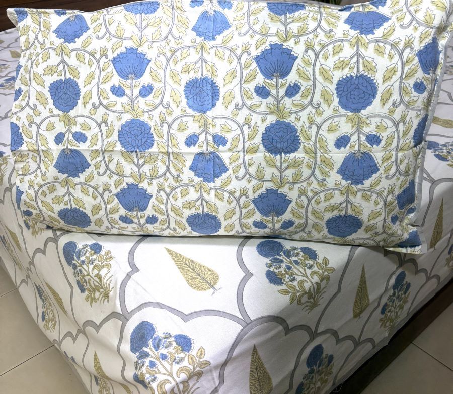 Blue Gulbahar Sunflower Hand Block Bedsheet with 2 Pillow Cover Set - 220TC