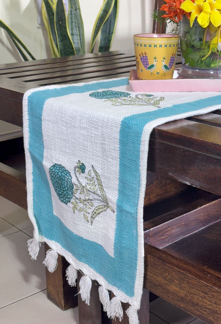 Blue Flower Jaal Hand Block Printed Jute Table Runner