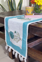 Blue Flower Jaal Hand Block Printed Jute Table Runner