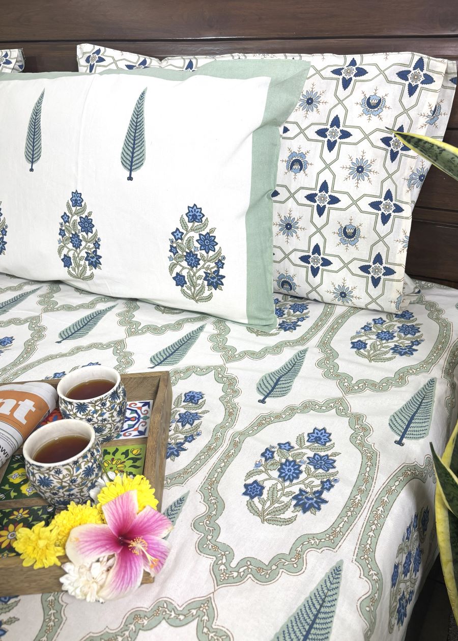 Blue Gulbahar Jaal Hand Block Bedsheet with 2 Pillow Cover Set - 220TC