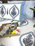 Blue Lily of Valleys Hand Block Bedsheet with 2 Pillow Cover Set - 220TC