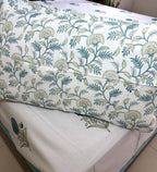 Turquoise Blue Floral Motif  Hand Block Bedsheet with 2 Pillow Cover Set - 400TC