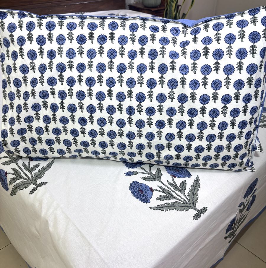 Blue Marigold Hand Block Bedsheet with 2 Pillow Cover Set - 220TC