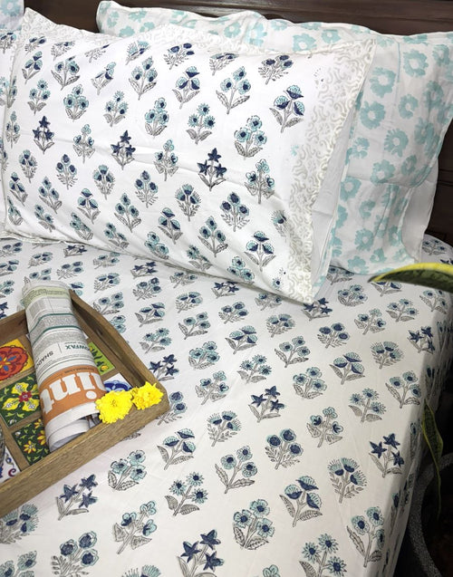 Blue & Grey Small Butta Patterns Hand Block Bedsheet with 2 Pillow Cover Set - 400TC