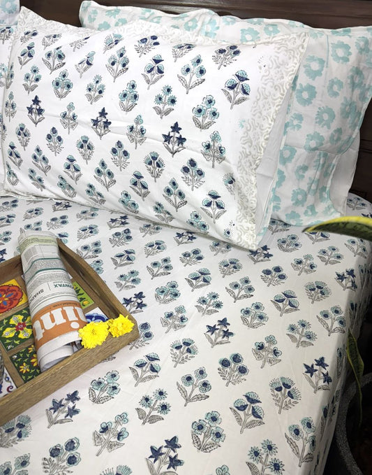 Blue & Grey Small Butta Patterns Hand Block Bedsheet with 2 Pillow Cover Set - 400TC