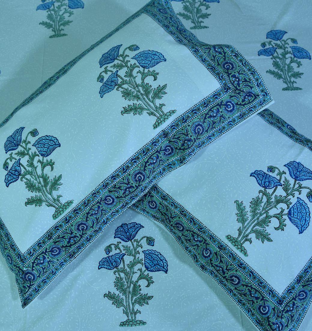 Light Blue Flower Hand Block Bedsheet with 2 Pillow Cover Set - 280TC