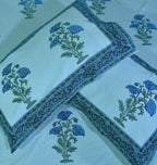 Light Blue Flower Hand Block Bedsheet with 2 Pillow Cover Set - 280TC