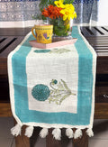 Blue Flower Jaal Hand Block Printed Jute Table Runner