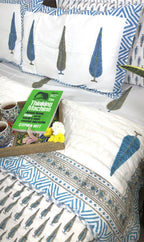 Blue Tree Motif Patterns Bedsheet & Quilt/ Razai Set - Hand Block Printed