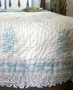 Sky Blue Flower Jaal Patterns Bedsheet & Quilt/ Razai Set - Hand Block Printed