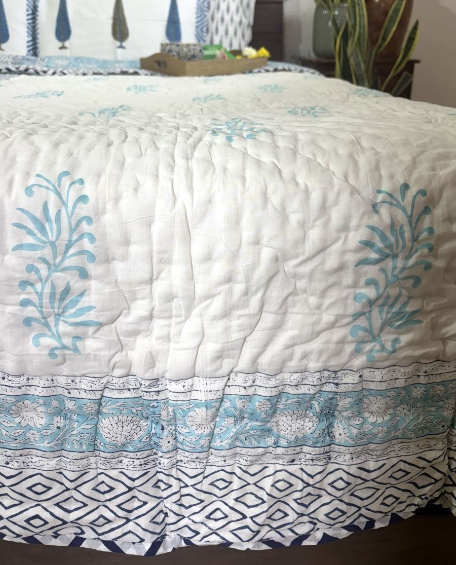 Sky Blue Flower Jaal Patterns Bedsheet & Quilt/ Razai Set - Hand Block Printed