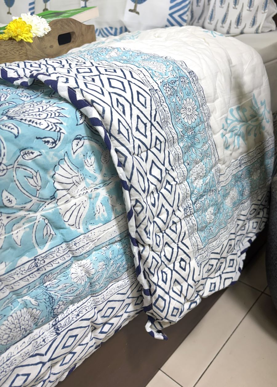 Sky Blue Flower Jaal Patterns Bedsheet & Quilt/ Razai Set - Hand Block Printed